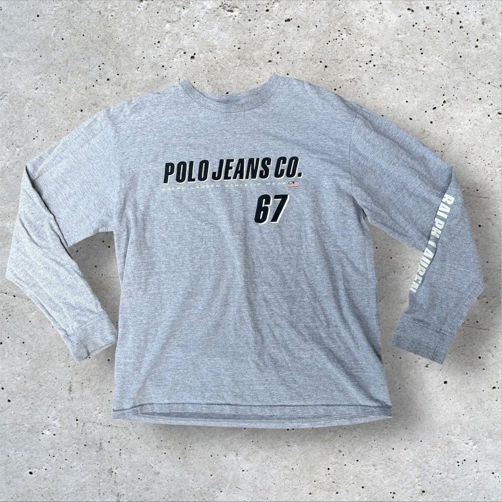 Vintage Polo Ralph Lauren Men's Gray Long‎ Sleeve Spell Out T-Shirt L